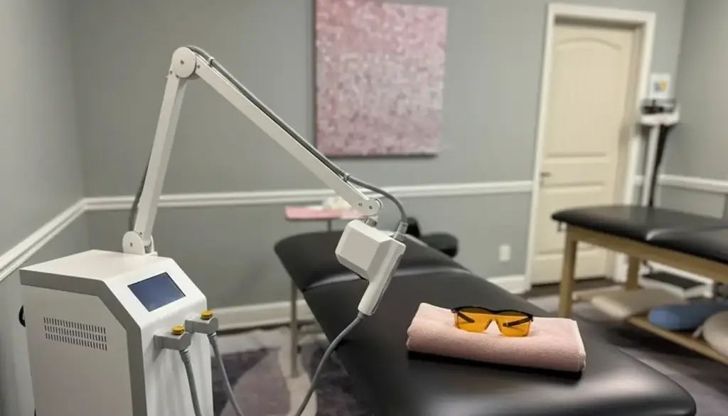 A fractional CO2 laser with an articulated arm angled over a treatment table