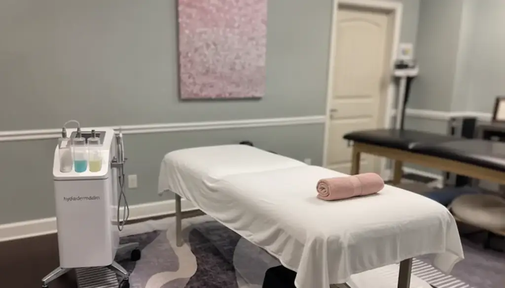 A facial bed dressed in white with a rolled blush towel, ready for a HydraFacial