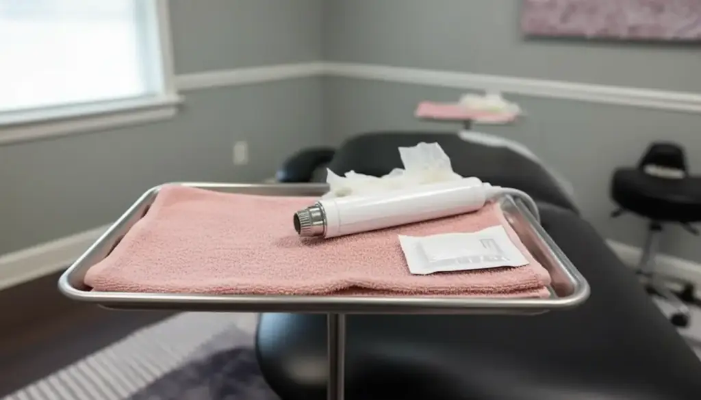 A radiofrequency microneedling handpiece resting on a blush towel on a stainless tray