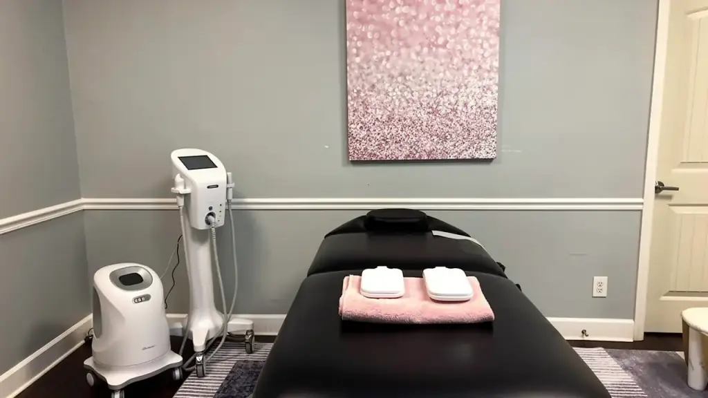 A body-contouring machine with two applicator paddles resting on a blush towel